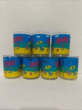 Vintage Vibrant Beach Scene Colorful Acrylic Glass Tumbler Set of 7